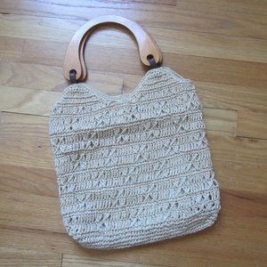 TALBOTS Tan Summer Straw Handbag Purse Tote Lined Wood Handles Leather Loops